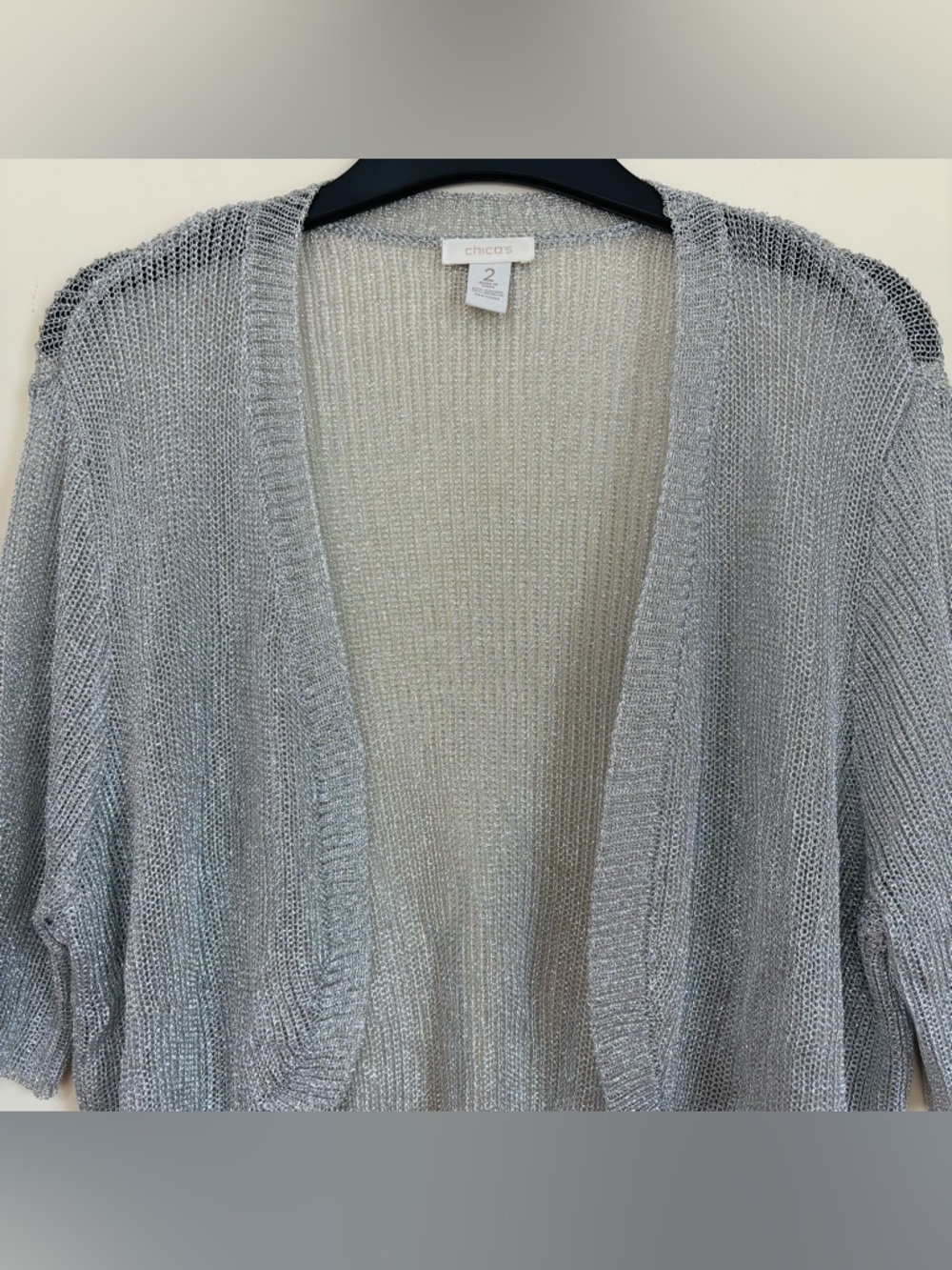 Chico's preppy slouchy silver metallic open front short sleeve crop cardigan L - Picture 5 of 15